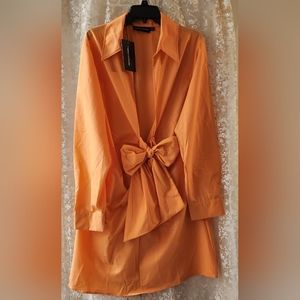 PrettylittleThing Women's Orange Ruched Front Plunge Shirt Dress NWT; Sz.16